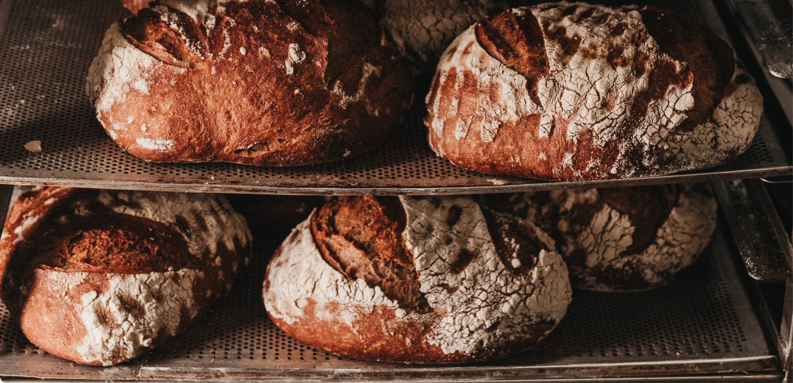 Frisch gebackene Brote von der Bäckerei Burkard auf einem Rollwagen.